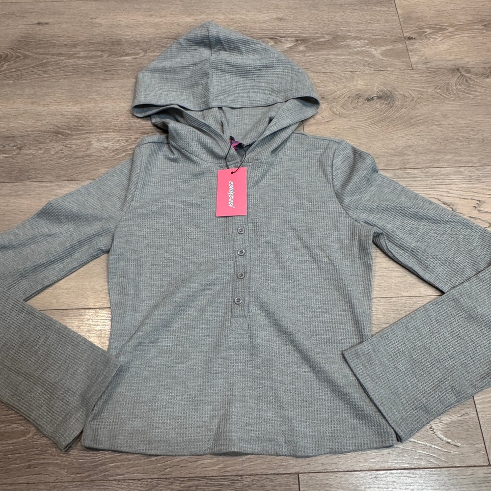 NWT Edikted Womens Grey Waffle Knit Henley Hoodie Long Sleeve Top Size Small